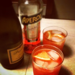 An Aperol Spritz, mixed in Tuscany